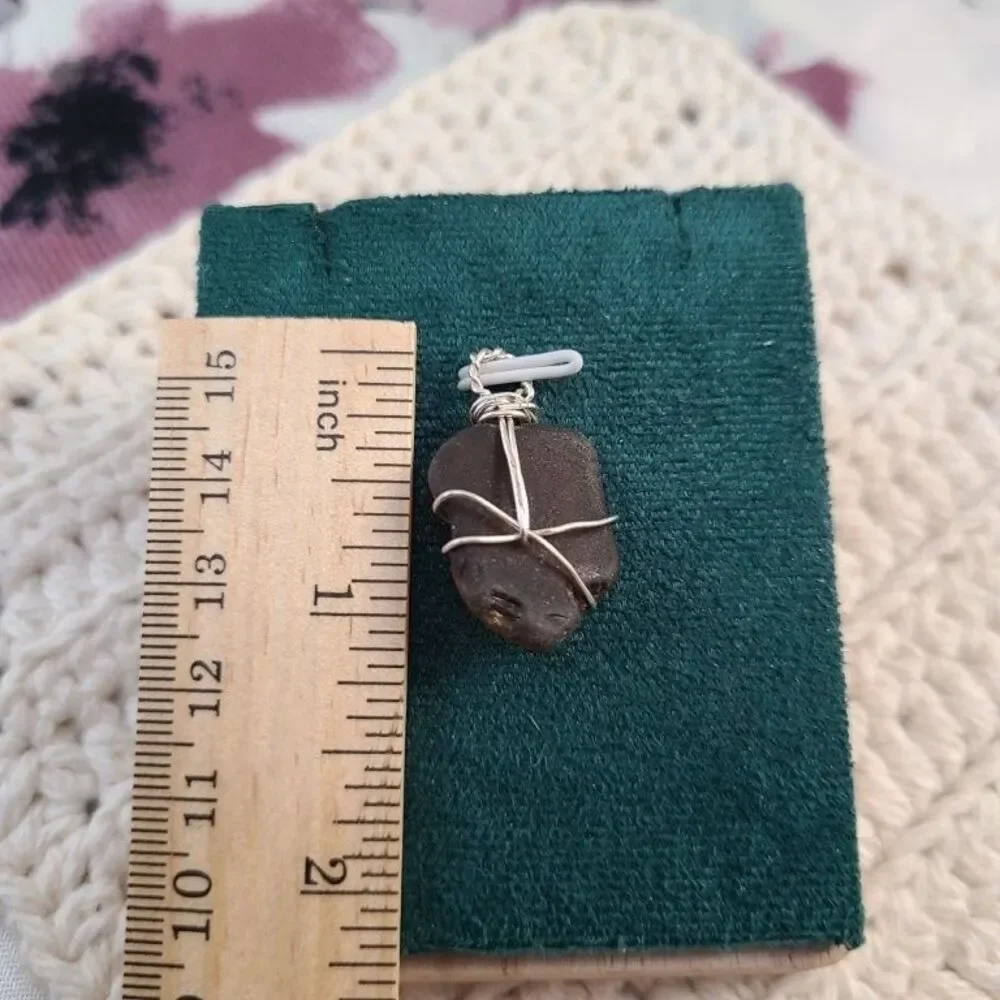 Handcrafted Silver Tone Wire Wrapped Brown Sea Glass Pendant Beach Necklace